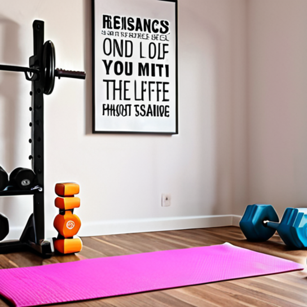 ** A bright and inviting home gym setup. Yoga mat on the floor, dumbbells and resistance bands neatly organized. A person is doing squats. Motivational quotes displayed on the wall.

**