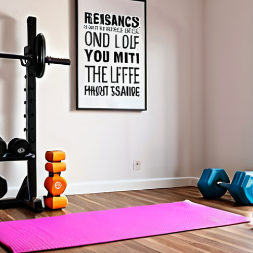 Home 19 ** A bright and inviting home gym setup. Yoga mat on the floor, dumbbells and resistance bands neatly organized. A person is doing squats. Motivational quotes displayed on the wall.
**