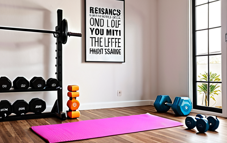 ** A bright and inviting home gym setup. Yoga mat on the floor, dumbbells and resistance bands neatly organized. A person is doing squats. Motivational quotes displayed on the wall.

**
