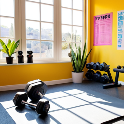 Home 18 **
> A bright and inspiring home gym corner. Sunlight streams through a window onto EVA foam mats. Adjustable dumbbells and resistance bands are neatly organized. A vibrant, painted wall with motivational posters and a potted plant create a welcoming atmosphere for exercise.
**
