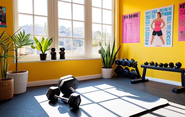 **
> A bright and inspiring home gym corner. Sunlight streams through a window onto EVA foam mats. Adjustable dumbbells and resistance bands are neatly organized. A vibrant, painted wall with motivational posters and a potted plant create a welcoming atmosphere for exercise.
**