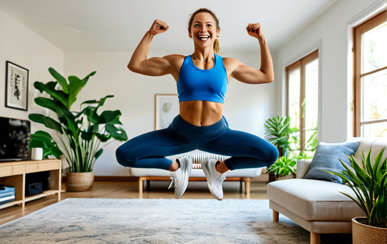 홈트 운동으로 얻을 수 있는 장기적인 효과 - Home Workout Energy Boost**
"A cheerful woman in athletic wear, fully clothed, performing jumping j...