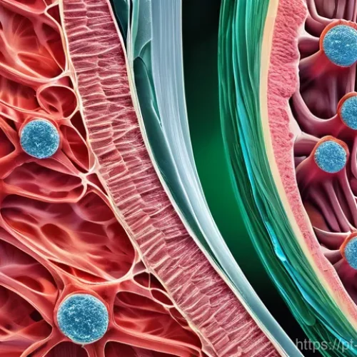 홈트 운동 후 근육통 완화법 - **Prompt:** A close-up, highly detailed scientific illustration or a 3D rendering depicting the micr...