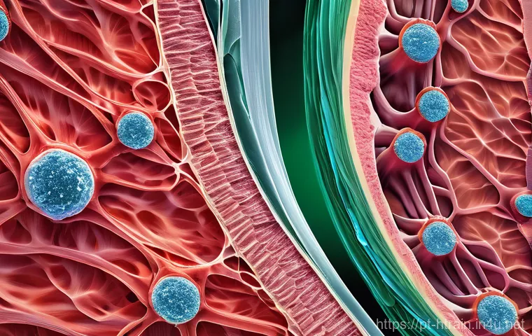 홈트 운동 후 근육통 완화법 - **Prompt:** A close-up, highly detailed scientific illustration or a 3D rendering depicting the micr...