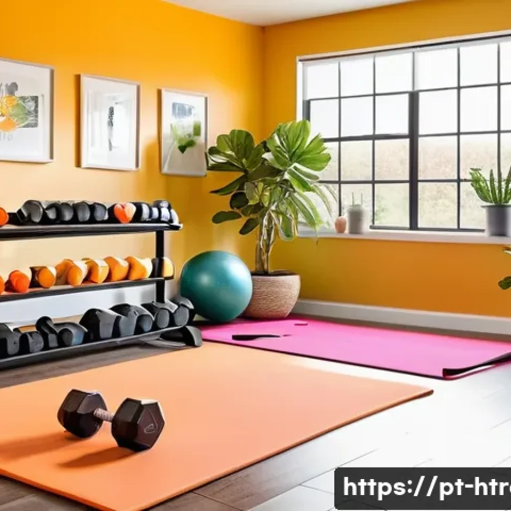 홈트 운동에서 즐거운 분위기 만들기 - A bright, clean home workout corner bathed in natural sunlight coming through a large window, featur...