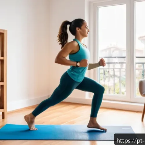 홈트 운동의 순환기 건강 - A young adult woman exercising cardio at home in a bright, cozy living room with wooden floors and l...