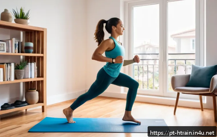 홈트 운동의 순환기 건강 - A young adult woman exercising cardio at home in a bright, cozy living room with wooden floors and l...