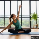 홈트 운동 집중력 향상 - A young adult woman performing dynamic stretching exercises in a bright, cozy living room with natur...
